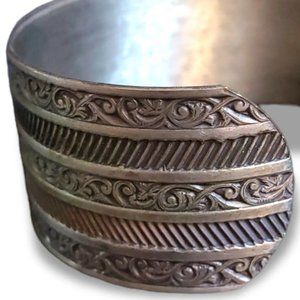 Silver Cuff Bangle Bracelet Floral Geometric Multi-line Motif Metal Vintage